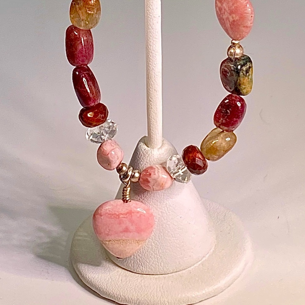 Beautiful rhodochrosite and tourmaline gemstone bracelet 8+" '